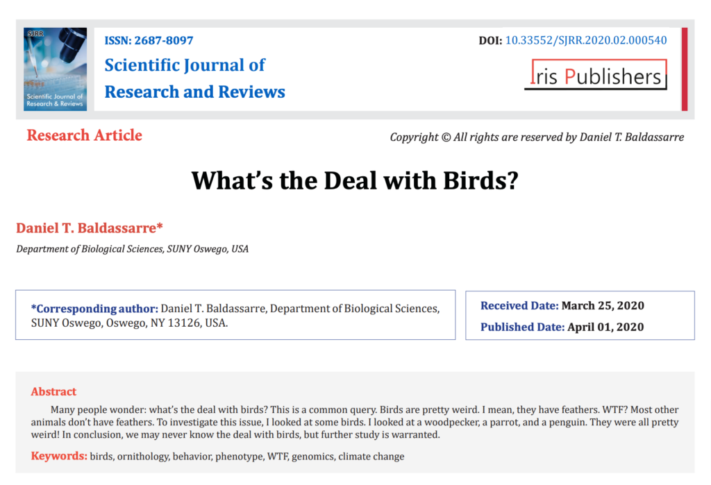 Screenshot of the title and abstract section of the article "What's the Deal with Birds" by Daniel T. Baldassarre. The abstract reads: "Many people wonder: what’s the deal with birds? This is a common query. Birds are pretty weird. I mean, they have feathers. WTF? Most other animals don’t have feathers. To investigate this issue, I looked at some birds. I looked at a woodpecker, a parrot, and a penguin. They were all pretty weird! In conclusion, we may never know the deal with birds, but further study is warranted."